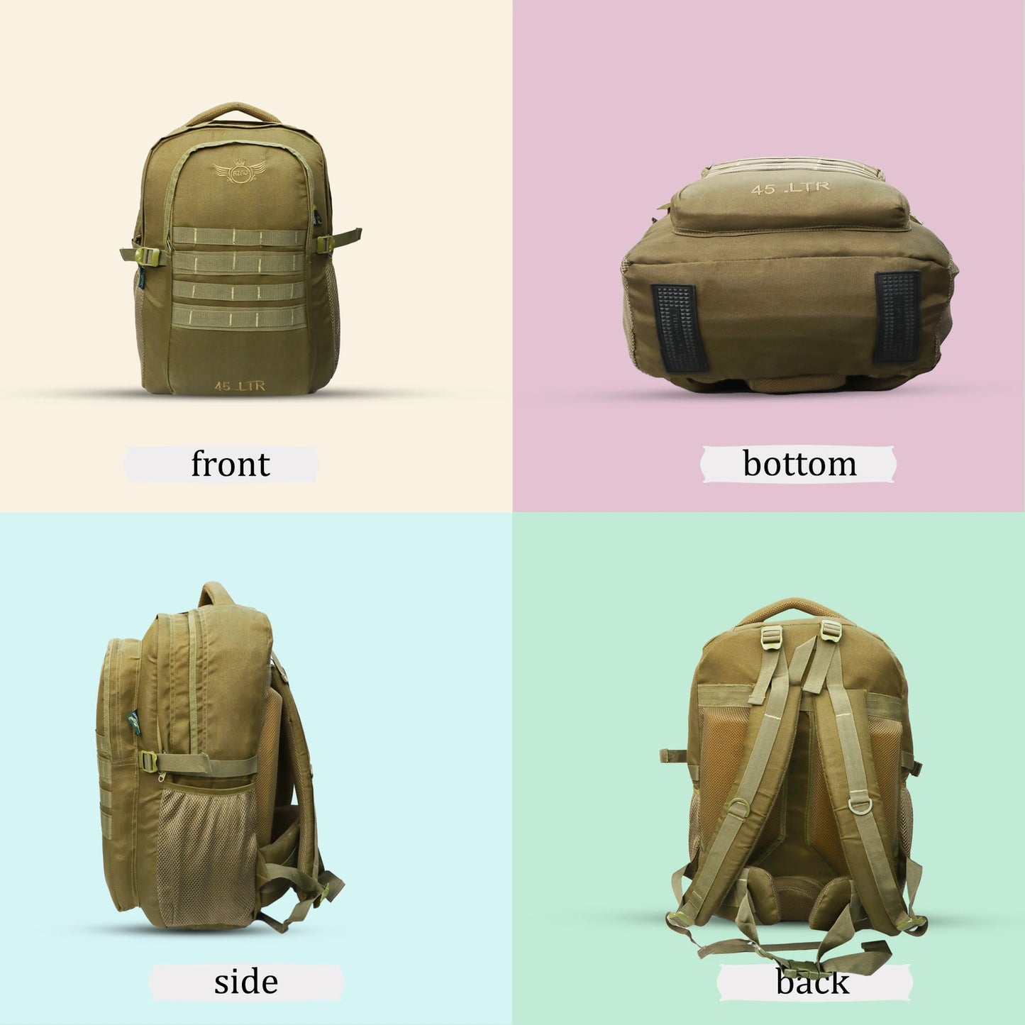 AZAD GEARS ARMY 45 LTR BACKPACK WITH EXTRA SPACE WITH 2 COMPARTMENT AND 1 POCKET FOR TREKKING AND TRAVELLING | MEN & WOMEN | ARMY LITE GREEN| FREE SIZE