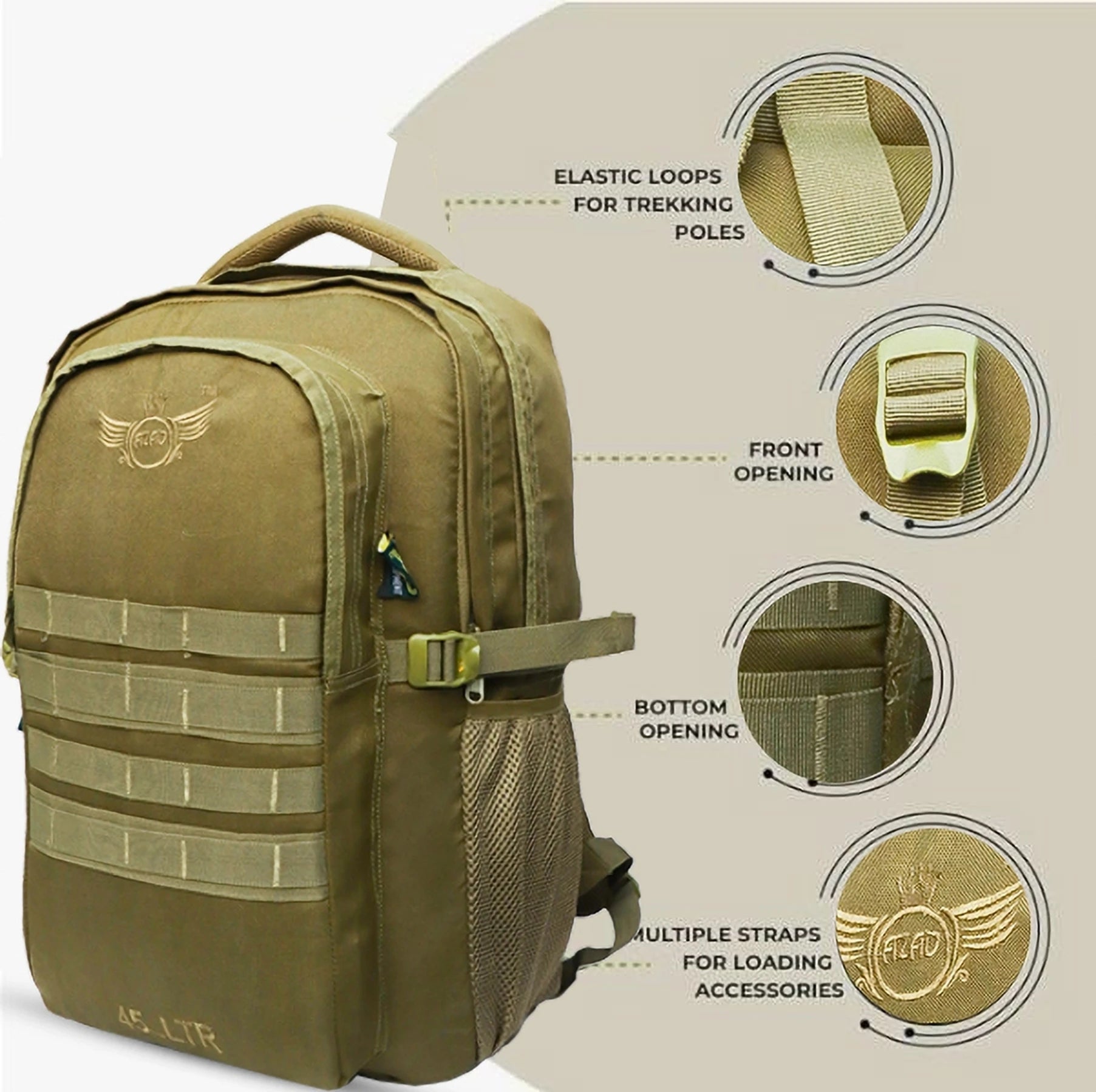 AZAD GEARS ARMY 45 LTR BACKPACK WITH EXTRA SPACE WITH 2 COMPARTMENT AND 1 POCKET FOR TREKKING AND TRAVELLING | MEN & WOMEN | ARMY LITE GREEN| FREE SIZE