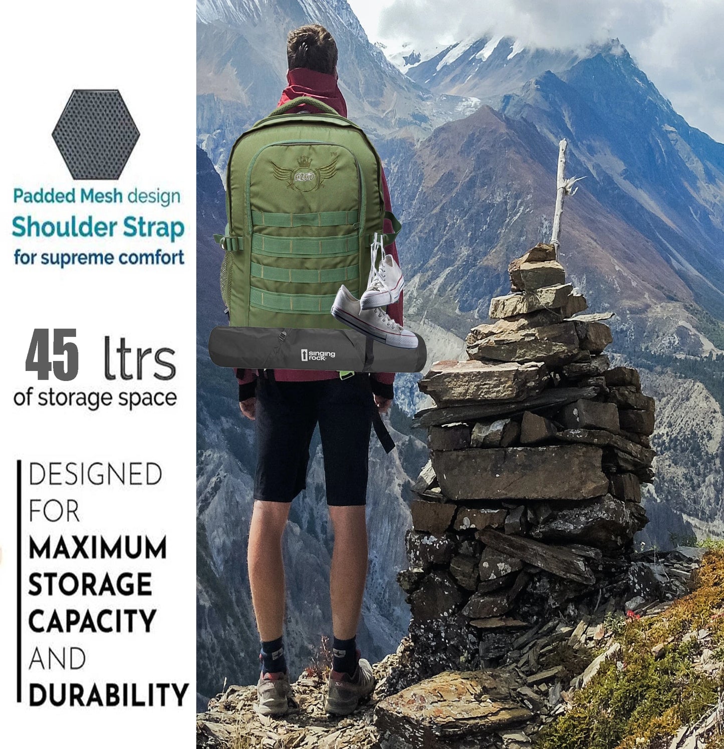 AZAD GEARS ARMY 45 LTR BACKPACK WITH EXTRA SPACE WITH 2 COMPARTMENT AND 1 POCKET FOR TREKKING AND TRAVELLING | MEN & WOMEN | ARMY GREEN| FREE SIZE