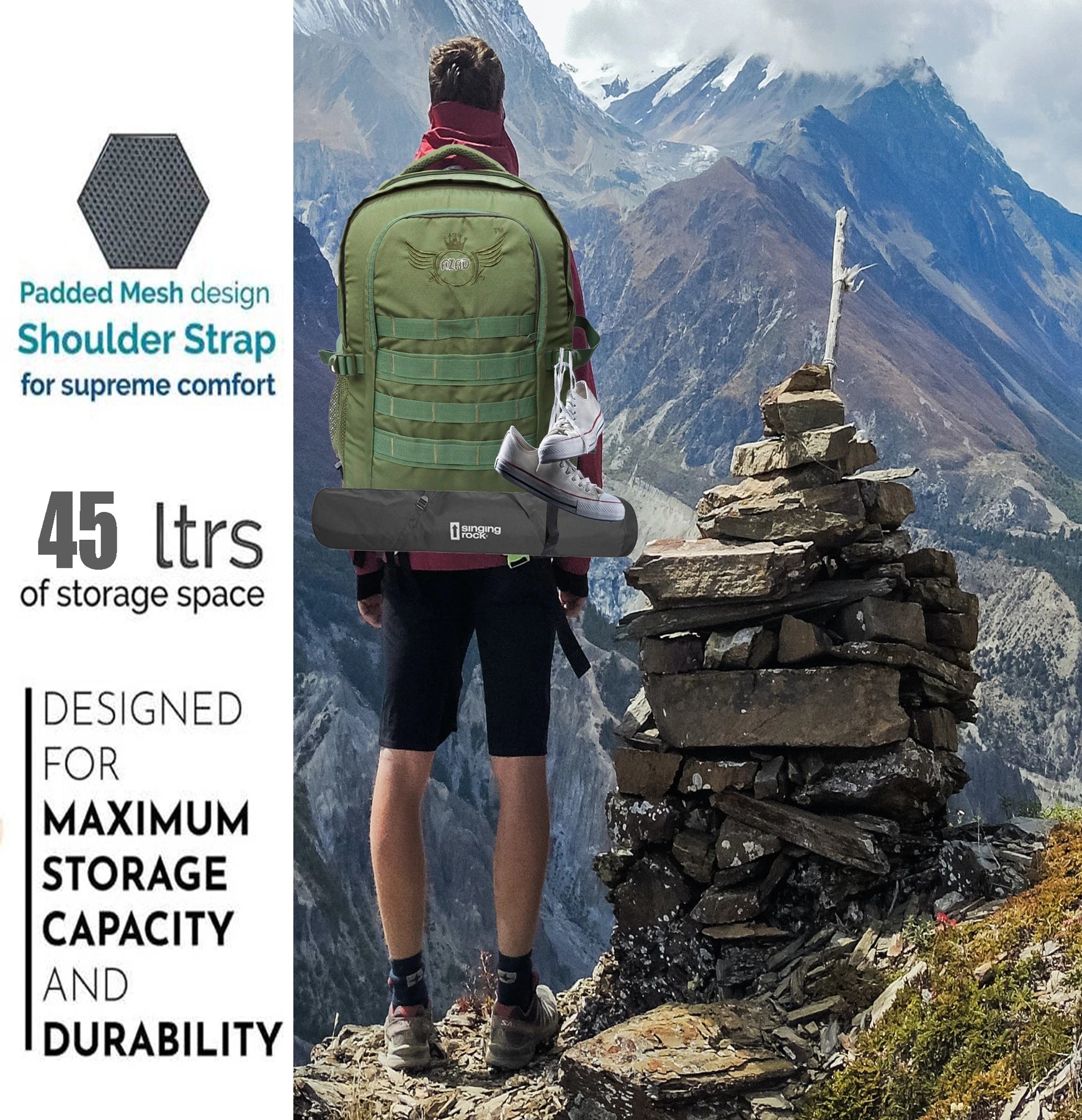 AZAD GEARS ARMY 45 LTR BACKPACK WITH EXTRA SPACE WITH 2 COMPARTMENT AND 1 POCKET FOR TREKKING AND TRAVELLING | MEN & WOMEN | ARMY GREEN| FREE SIZE