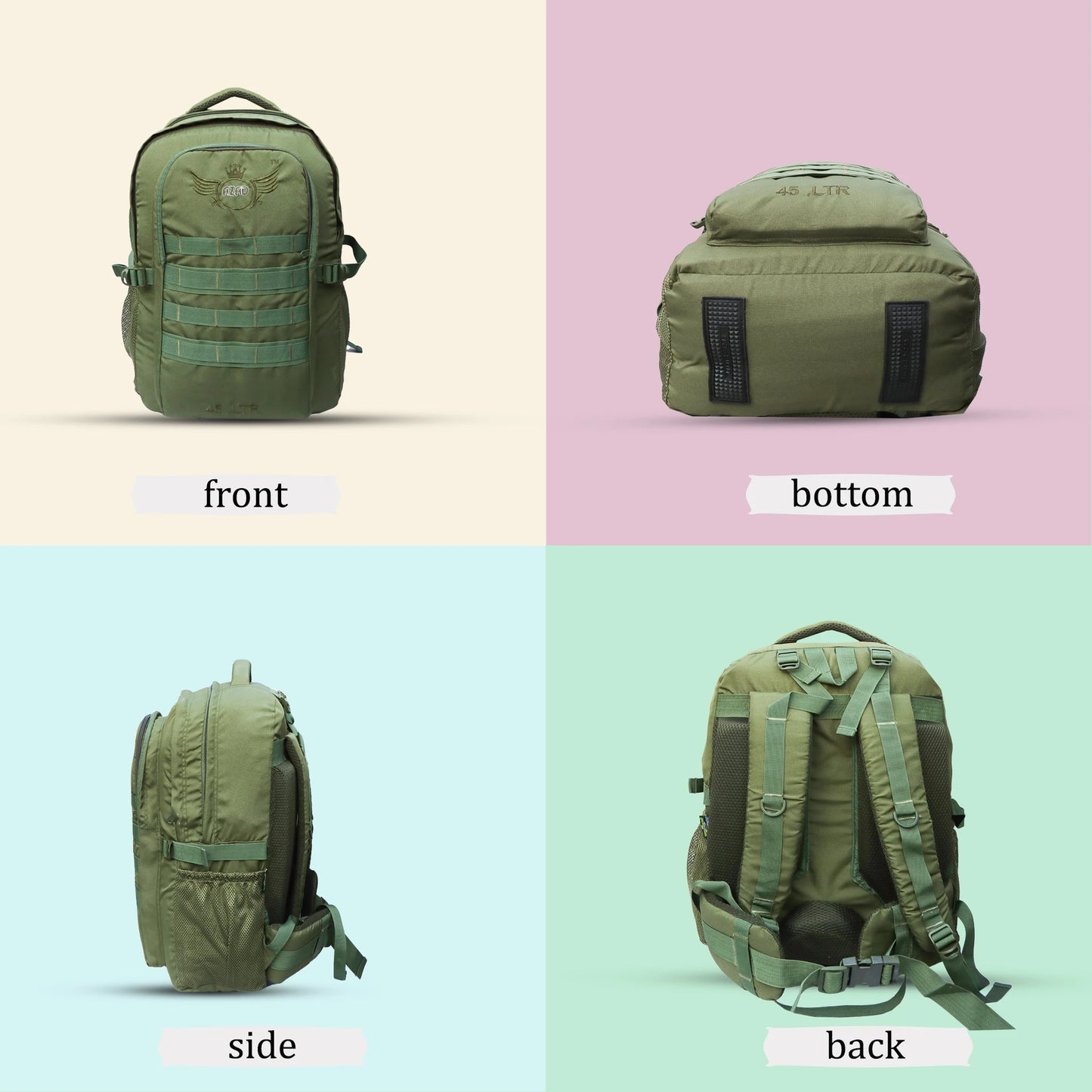 AZAD GEARS ARMY 45 LTR BACKPACK WITH EXTRA SPACE WITH 2 COMPARTMENT AND 1 POCKET FOR TREKKING AND TRAVELLING | MEN & WOMEN | ARMY GREEN| FREE SIZE