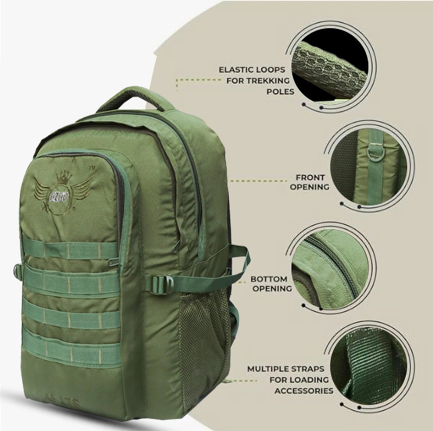 AZAD GEARS ARMY 45 LTR BACKPACK WITH EXTRA SPACE WITH 2 COMPARTMENT AND 1 POCKET FOR TREKKING AND TRAVELLING | MEN & WOMEN | ARMY GREEN| FREE SIZE