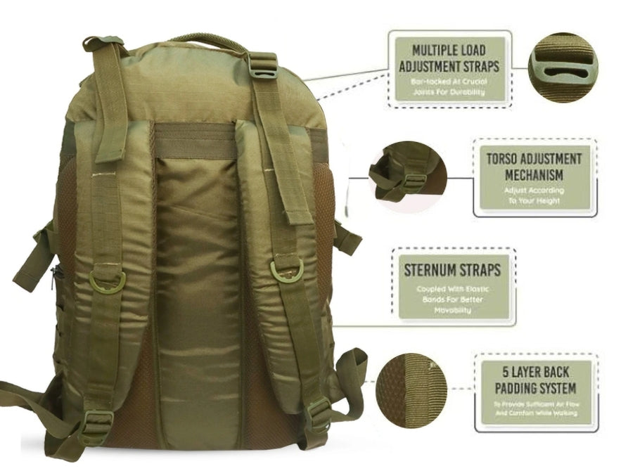 AZAD GEARS ARMY BULLET 40 LTR BACKPACK WITH EXTRA SPACE WITH 2 COMPARTMENT AND 3 POCKETS FOR TREKKING AND TRAVELLING | MEN & WOMEN | ARMY LITE GREEN | FREE SIZE