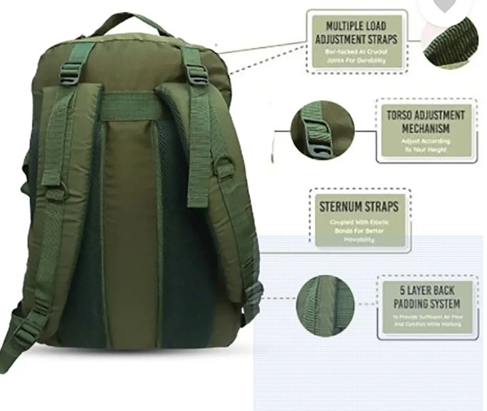 AZAD GEARS ARMY BULLET 40 LTR BACKPACK WITH EXTRA SPACE WITH 2 COMPARTMENT AND 3 POCKETS FOR TREKKING AND TRAVELLING | MEN & WOMEN | ARMY GREEN | FREE SIZE