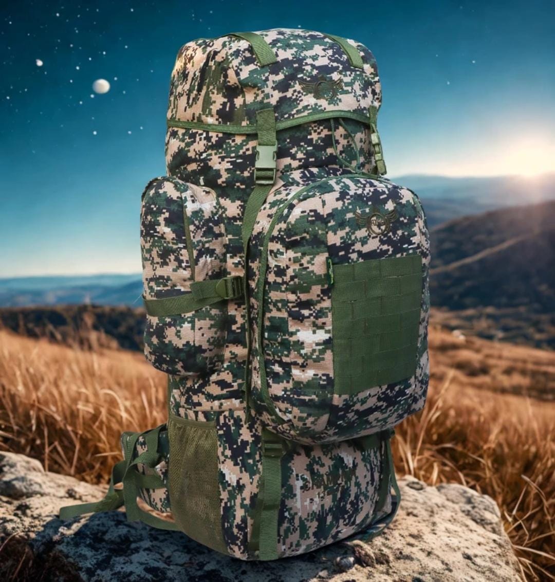 AZAD GEARS ARMY METAL FRAME CHAMPION RUCKSACK 135 LTR BAG WITH DETACHABLE BACKPACK AND MULTIPLE POCKETS AND  PROTECTED BASE FOR TREKKING AND TRAVELLING | MEN & WOMEN | ARMY COBRA | LARGE CAPACITY