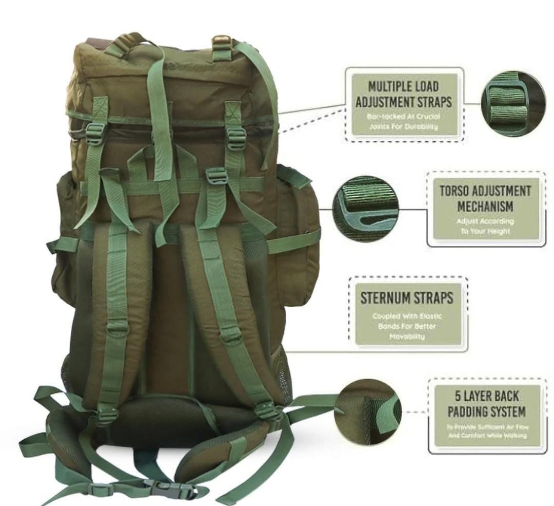 AZAD GEARS ARMY METAL FRAME CHAMPION RUCKSACK 135 LTR BAG WITH DETACHABLE BACKPACK AND MULTIPLE POCKETS AND  PROTECTED BASE FOR TREKKING AND TRAVELLING | MEN & WOMEN | ARMY GREEN | LARGE CAPACITY