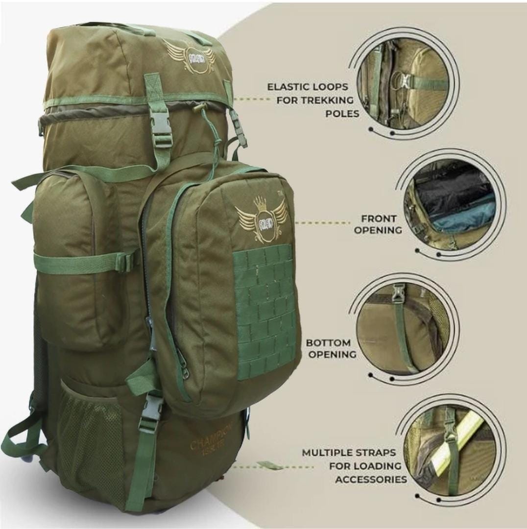 AZAD GEARS ARMY METAL FRAME CHAMPION RUCKSACK 135 LTR BAG WITH DETACHABLE BACKPACK AND MULTIPLE POCKETS AND  PROTECTED BASE FOR TREKKING AND TRAVELLING | MEN & WOMEN | ARMY GREEN | LARGE CAPACITY