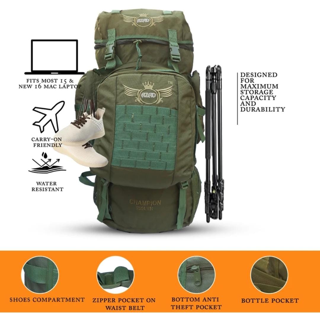 AZAD GEARS ARMY METAL FRAME CHAMPION RUCKSACK 135 LTR BAG WITH DETACHABLE BACKPACK AND MULTIPLE POCKETS AND  PROTECTED BASE FOR TREKKING AND TRAVELLING | MEN & WOMEN | ARMY GREEN | LARGE CAPACITY