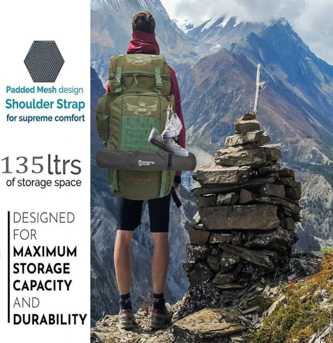 AZAD GEARS ARMY METAL FRAME CHAMPION RUCKSACK 135 LTR BAG WITH DETACHABLE BACKPACK AND MULTIPLE POCKETS AND  PROTECTED BASE FOR TREKKING AND TRAVELLING | MEN & WOMEN | ARMY GREEN | LARGE CAPACITY
