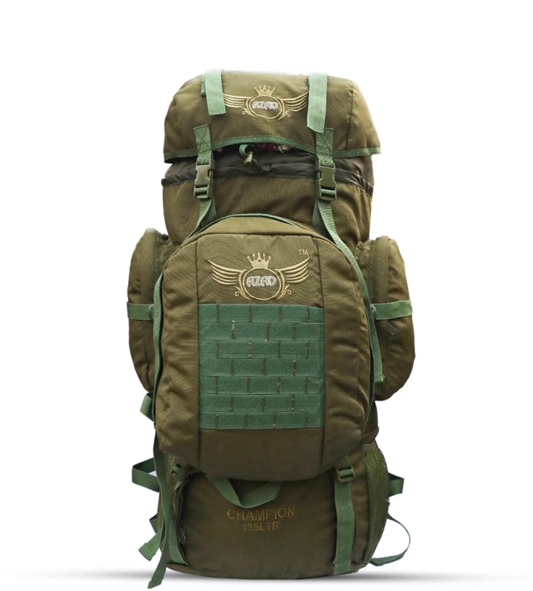 AZAD GEARS ARMY METAL FRAME CHAMPION RUCKSACK 135 LTR BAG WITH DETACHABLE BACKPACK AND MULTIPLE POCKETS AND  PROTECTED BASE FOR TREKKING AND TRAVELLING | MEN & WOMEN | ARMY GREEN | LARGE CAPACITY