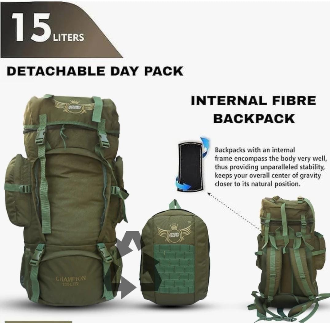 AZAD GEARS ARMY METAL FRAME CHAMPION RUCKSACK 135 LTR BAG WITH DETACHABLE BACKPACK AND MULTIPLE POCKETS AND  PROTECTED BASE FOR TREKKING AND TRAVELLING | MEN & WOMEN | ARMY GREEN | LARGE CAPACITY