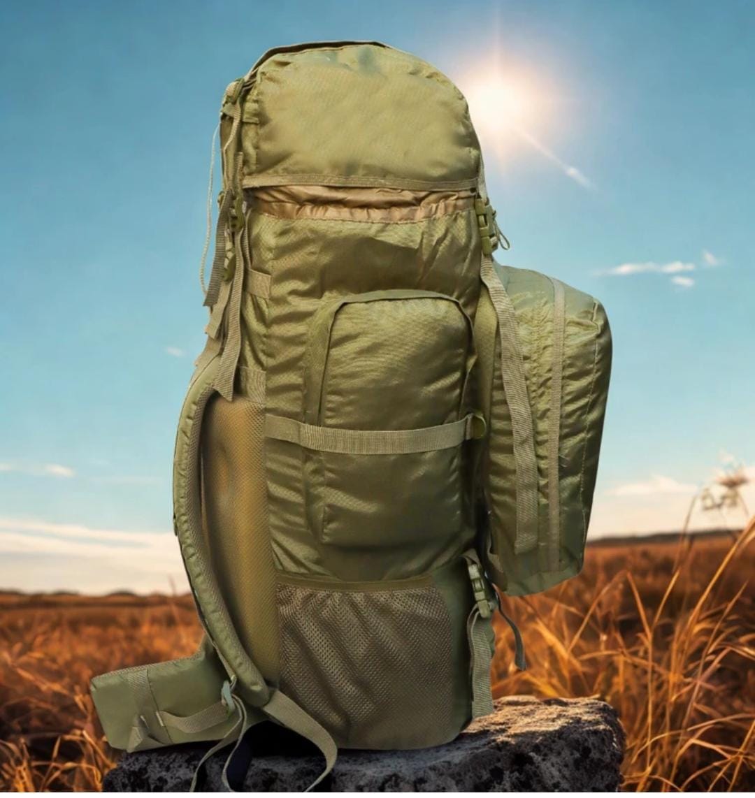 AZAD GEARS ARMY METAL FRAME CHAMPION RUCKSACK 135 LTR BAG WITH DETACHABLE BACKPACK AND MULTIPLE POCKETS AND  PROTECTED BASE FOR TREKKING AND TRAVELLING | MEN & WOMEN | ARMY LITE GREEN | LARGE CAPACITY