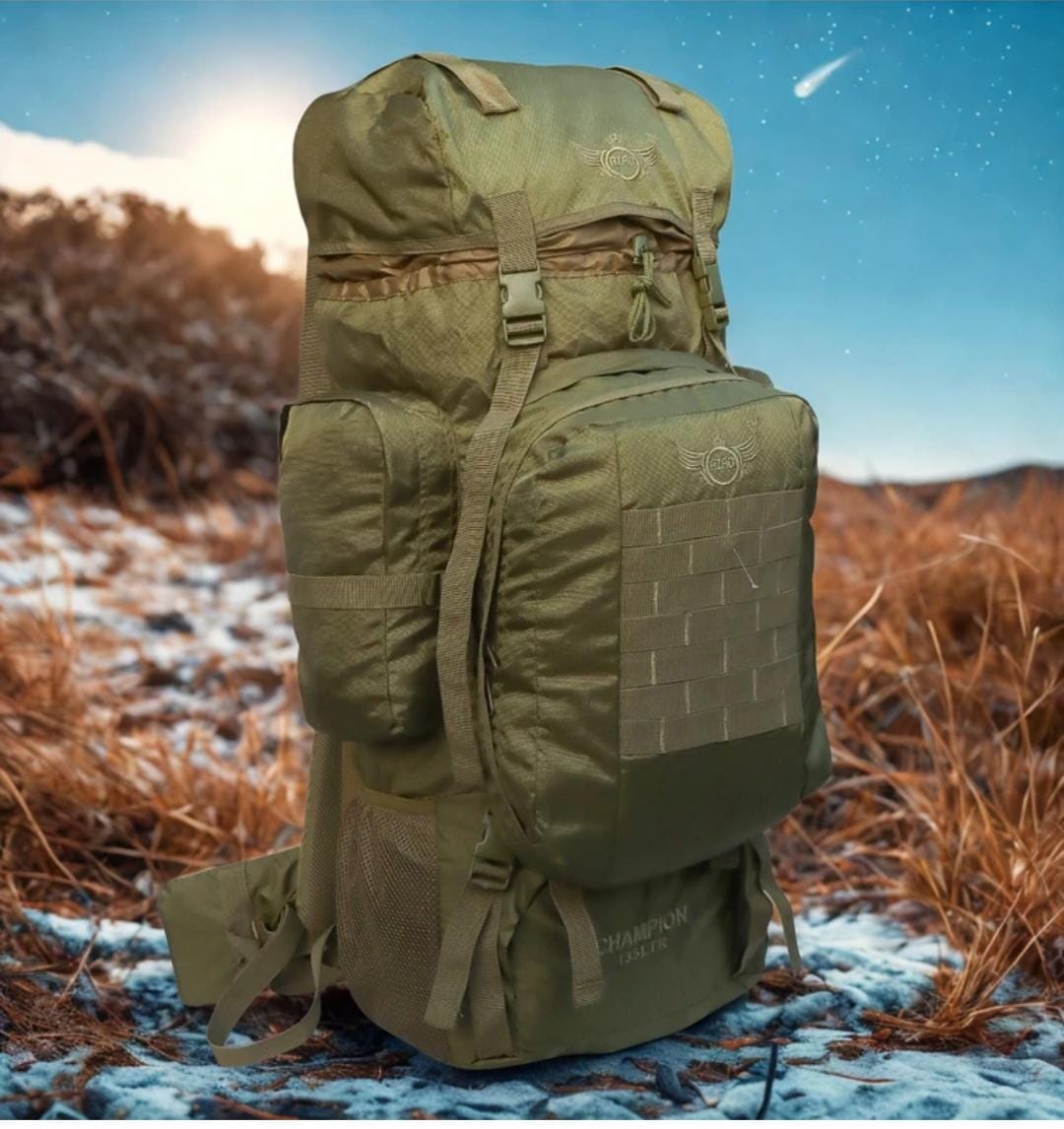 AZAD GEARS ARMY METAL FRAME CHAMPION RUCKSACK 135 LTR BAG WITH DETACHABLE BACKPACK AND MULTIPLE POCKETS AND  PROTECTED BASE FOR TREKKING AND TRAVELLING | MEN & WOMEN | ARMY LITE GREEN | LARGE CAPACITY