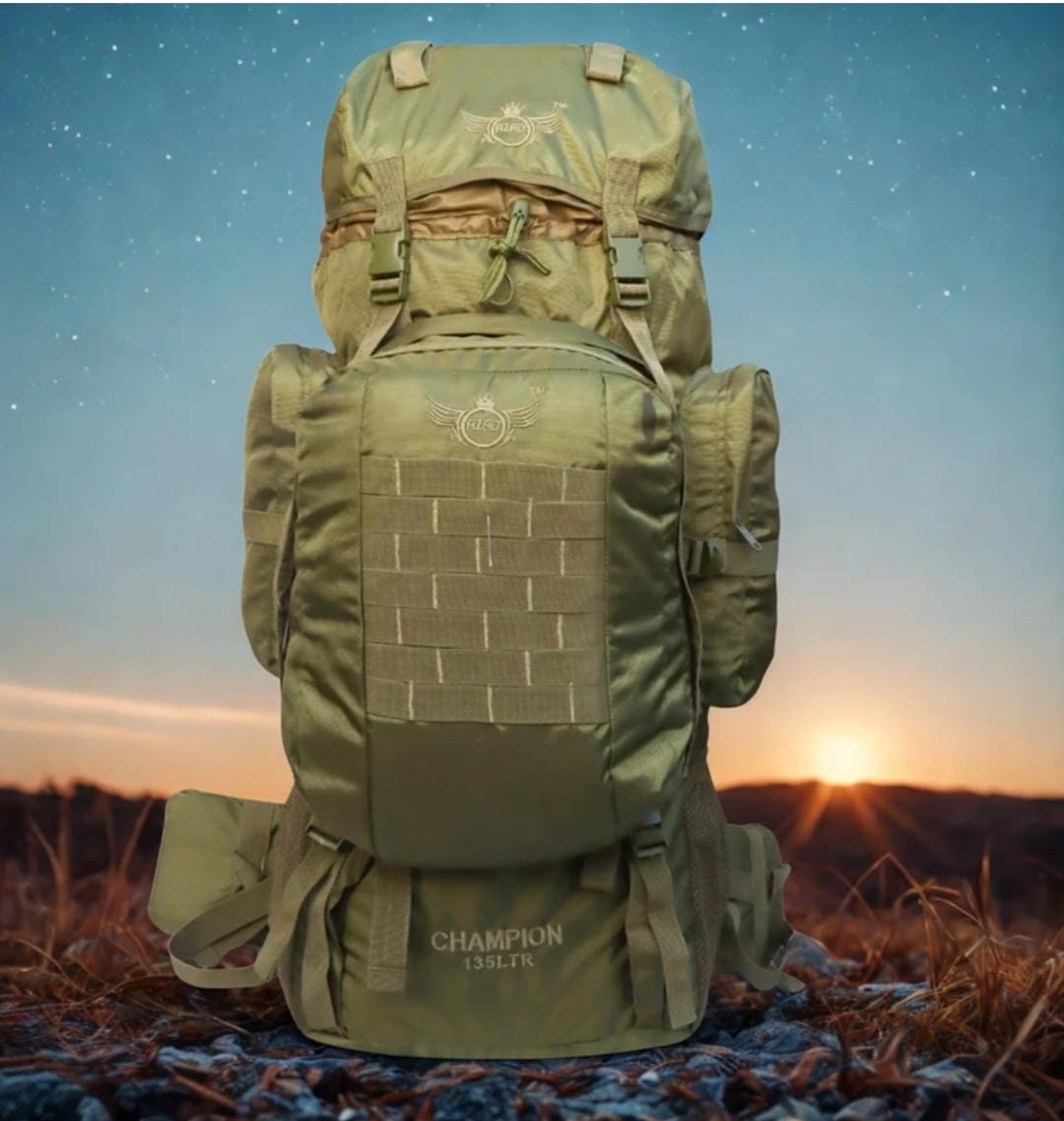 AZAD GEARS ARMY METAL FRAME CHAMPION RUCKSACK 135 LTR BAG WITH DETACHABLE BACKPACK AND MULTIPLE POCKETS AND  PROTECTED BASE FOR TREKKING AND TRAVELLING | MEN & WOMEN | ARMY LITE GREEN | LARGE CAPACITY