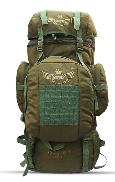AZAD GEARS ARMY METAL FRAME CHAMPION RUCKSACK 135 LTR BAG WITH DETACHABLE BACKPACK AND MULTIPLE POCKETS AND  PROTECTED BASE FOR TREKKING AND TRAVELLING | MEN & WOMEN | ARMY LITE GREEN | LARGE CAPACITY
