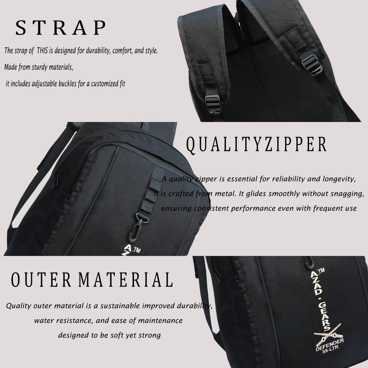 AZAD GEARS ARMY DEFENDER 35 LTR BACKPACK WITH EXTRA SPACE WITH 2 COMPARTMENT AND 3 POCKETS FOR TREKKING AND TRAVELLING | MEN & WOMEN | ARMY BLACK| FREE SIZE