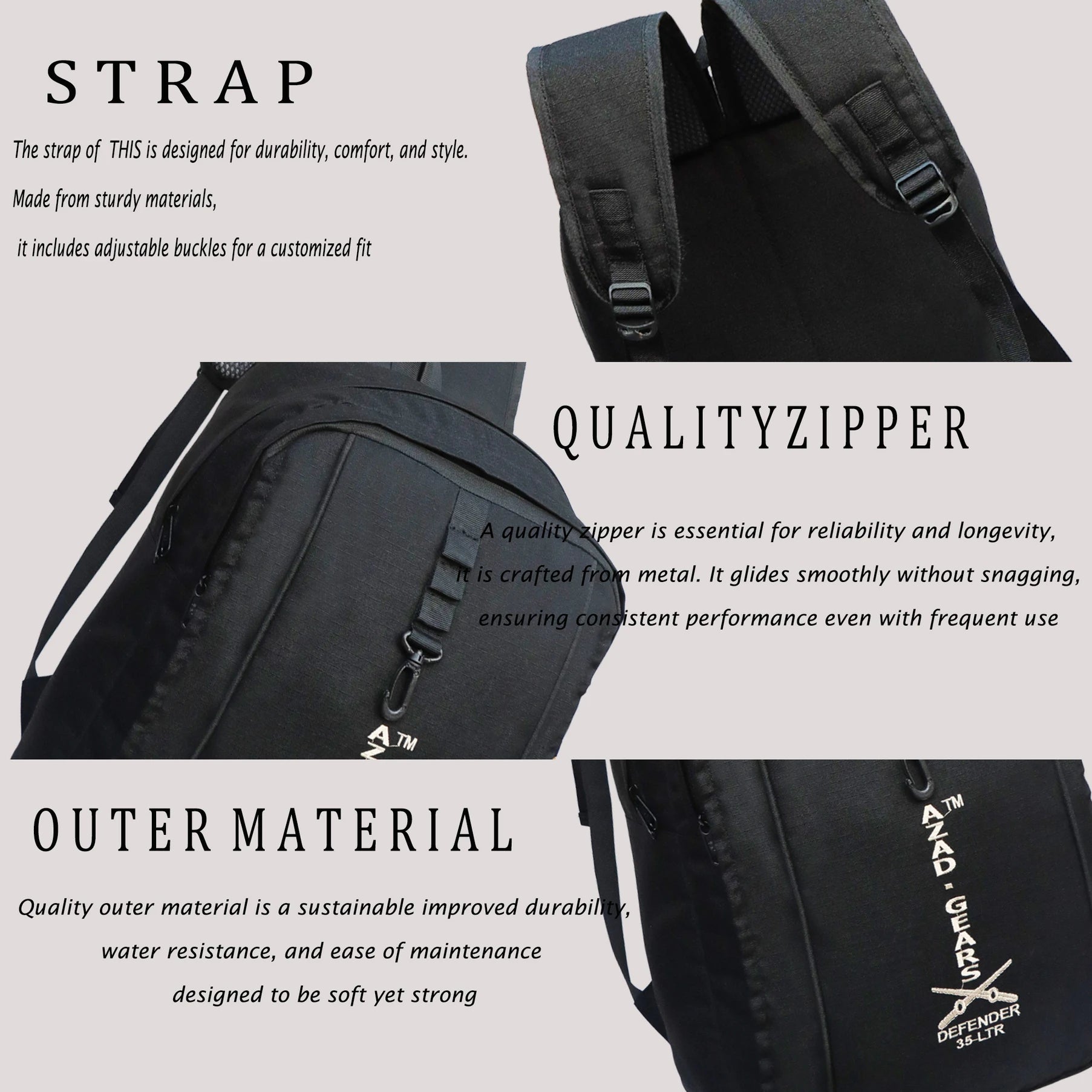 AZAD GEARS ARMY DEFENDER 35 LTR BACKPACK WITH EXTRA SPACE WITH 2 COMPARTMENT AND 3 POCKETS FOR TREKKING AND TRAVELLING | MEN & WOMEN | ARMY BLACK| FREE SIZE