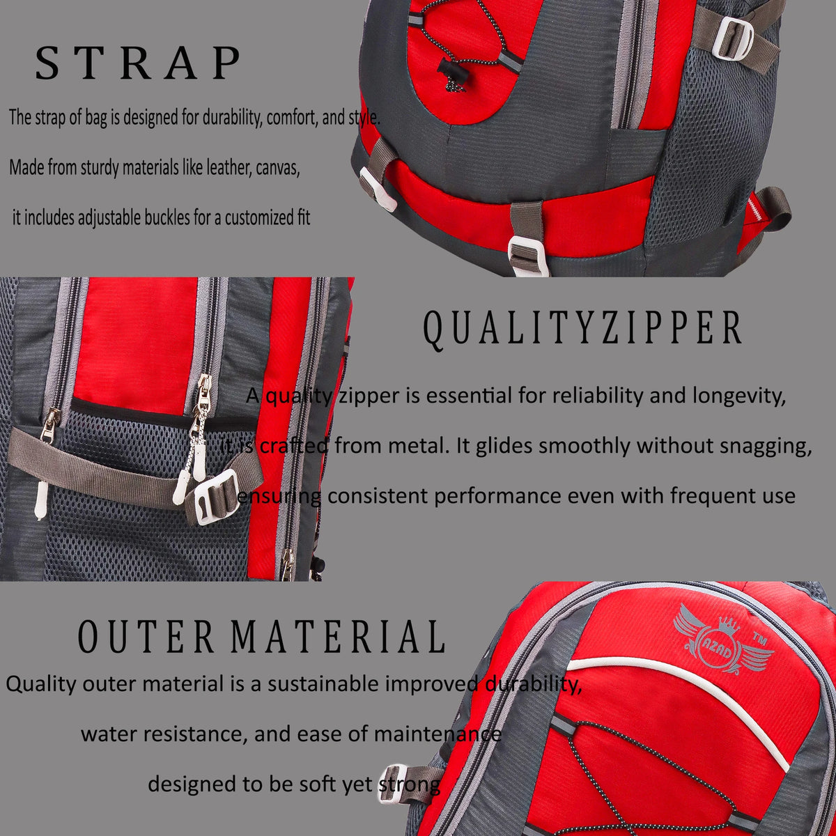 AZAD GEARS CIVIL LITE WEIGHT 40 LTR BACKPACK WITH EXTRA SPACE WITH 2 COMPARTMENTS AND 2 POCKETS FOR TREKKING AND TRAVELLING |MEN & WOMEN | DORI BAG RED | FREE SIZE