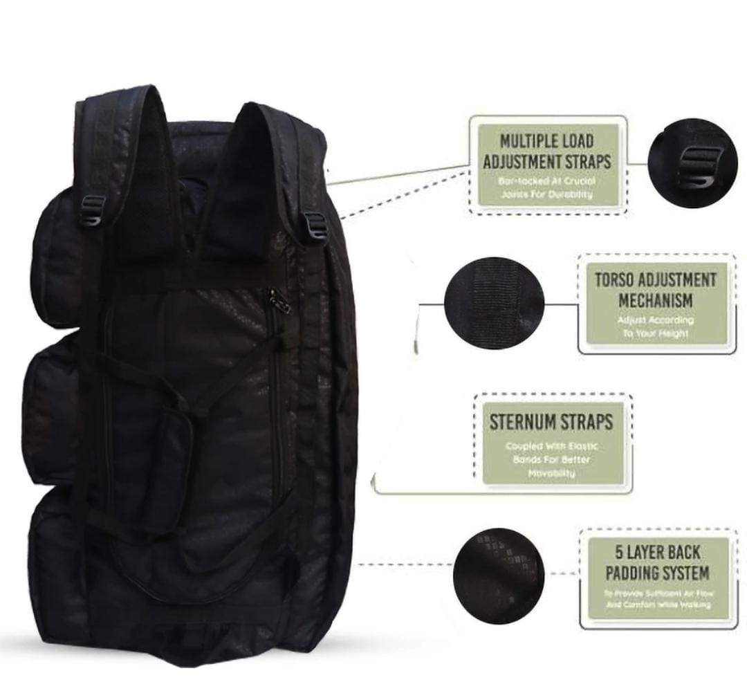 AZAD GEARS ARMY HAND DUFFLE BAG 155 LTR WITH EXTRA PACE BIG SIDE POCKETS AND  PROTECTED BASE FOR TREKKING AND TRAVELLING | MEN & WOMEN | ARMY BLACK | LARGE CAPACITY