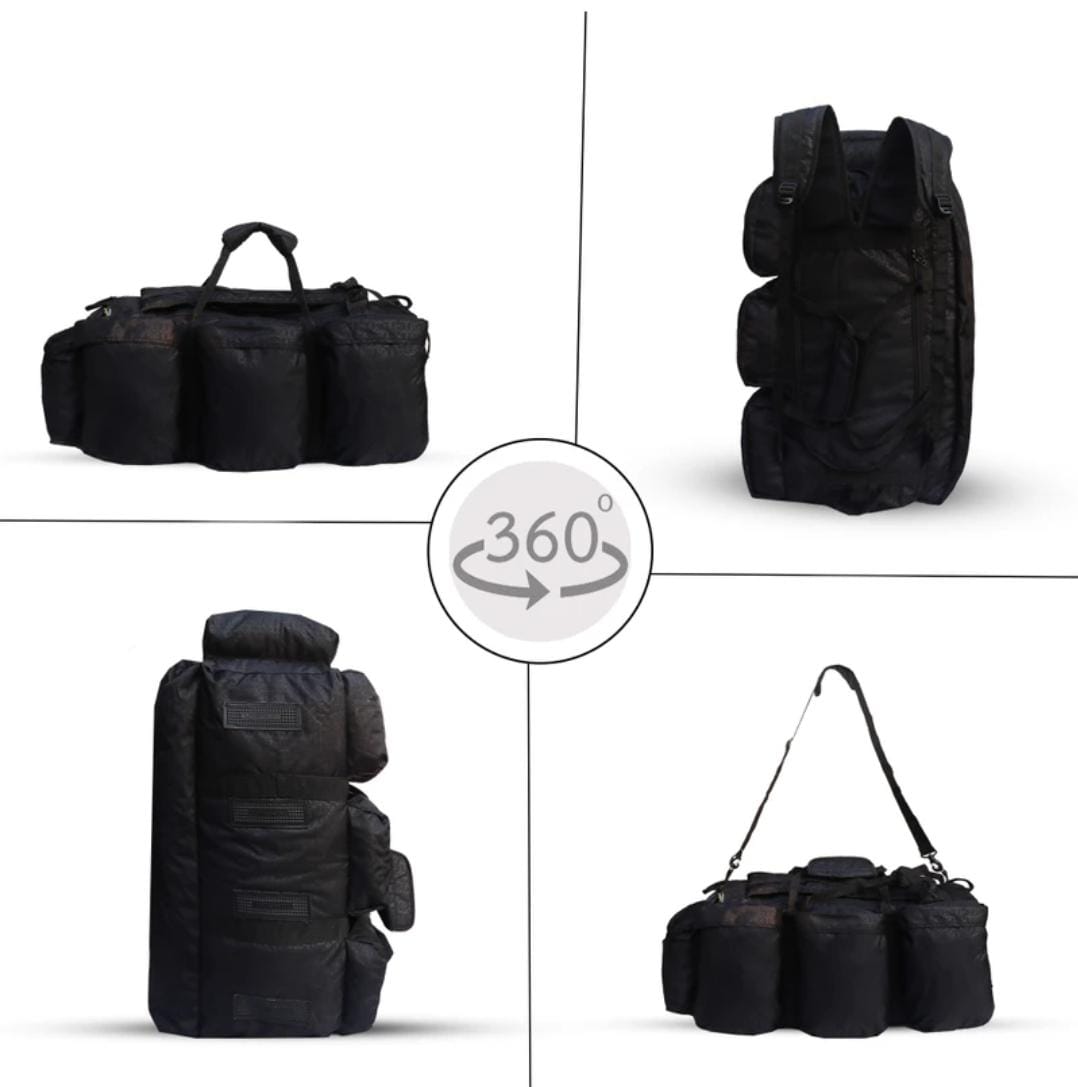 AZAD GEARS ARMY HAND DUFFLE BAG 155 LTR WITH EXTRA PACE BIG SIDE POCKETS AND  PROTECTED BASE FOR TREKKING AND TRAVELLING | MEN & WOMEN | ARMY BLACK | LARGE CAPACITY