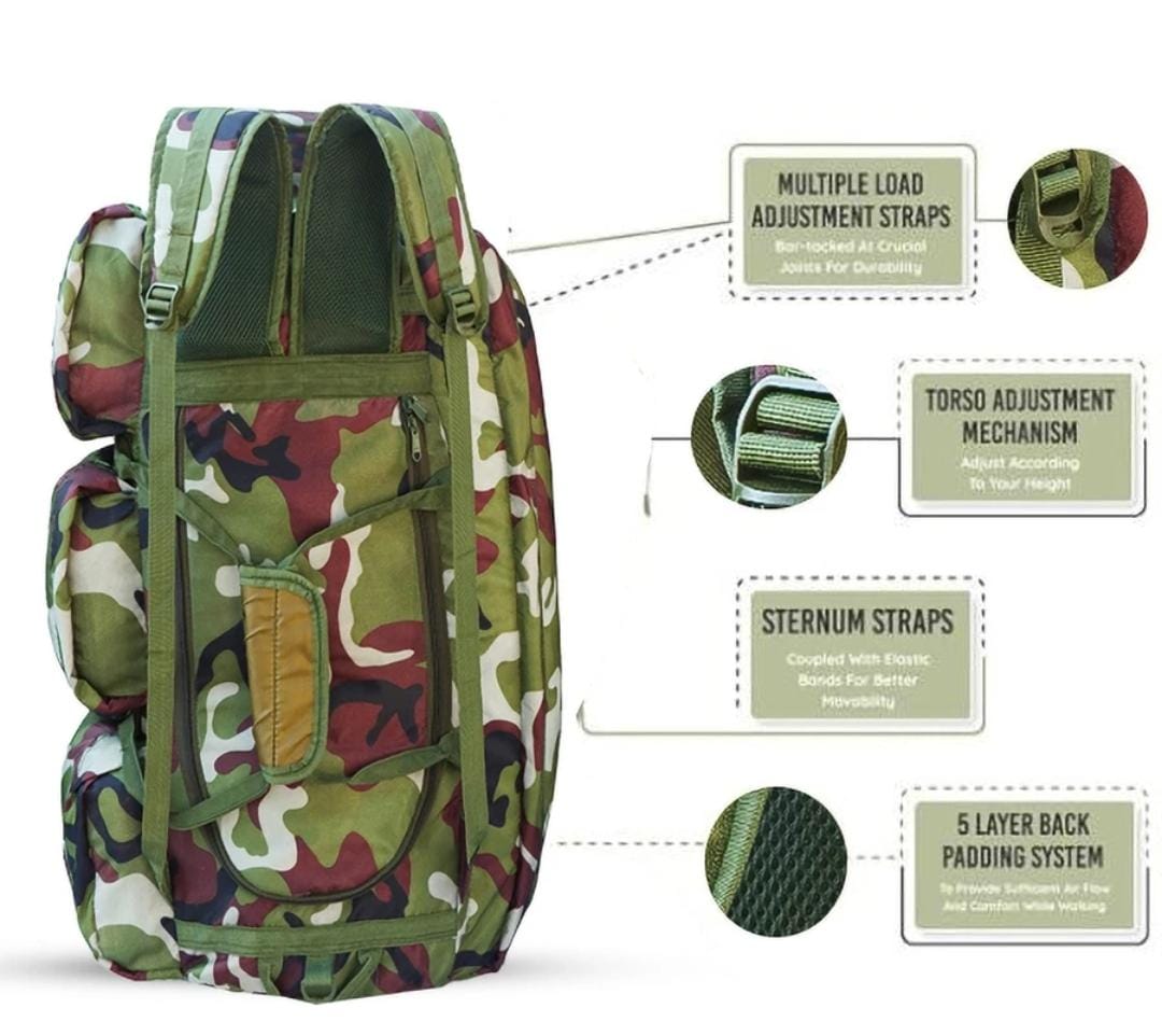 AZAD GEARS ARMY HAND DUFFLE BAG 155 LTR WITH EXTRA PACE BIG SIDE POCKETS AND  PROTECTED BASE FOR TREKKING AND TRAVELLING | MEN & WOMEN | ARMY JUNGLE | LARGE CAPACITY