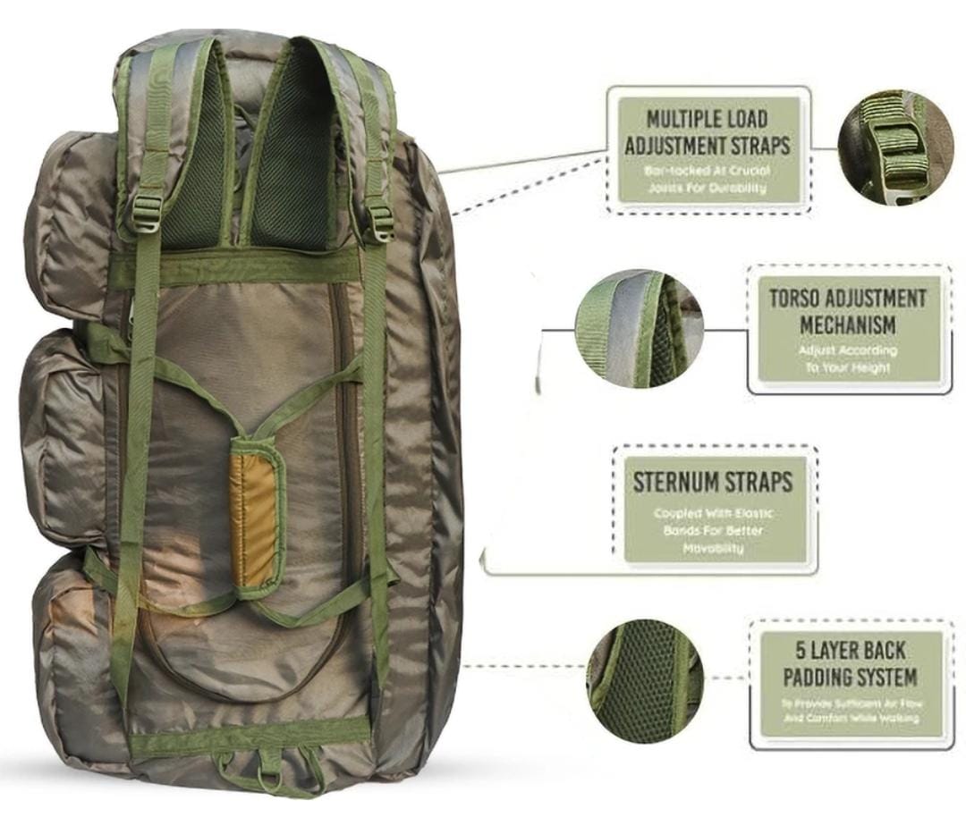 AZAD GEARS ARMY HAND DUFFLE BAG 155 LTR WITH EXTRA PACE BIG SIDE POCKETS AND  PROTECTED BASE FOR TREKKING AND TRAVELLING | MEN & WOMEN | ARMY GREEN | LARGE CAPACITY