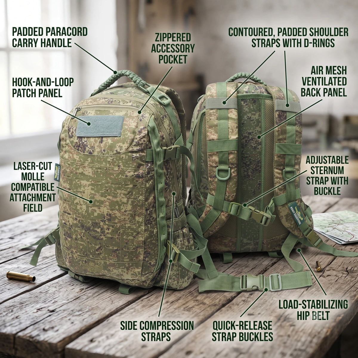 AZAD GEARS ARMY FIGHTER 55 LTR BACKPACK WITH EXTRA SPACE WITH 2 COMPARTMENT AND 6 POCKETS FOR TREKKING AND TRAVELLING | MEN & WOMEN | ARMY DIGITAL FLORA CAMOUFLAGE| FREE SIZE