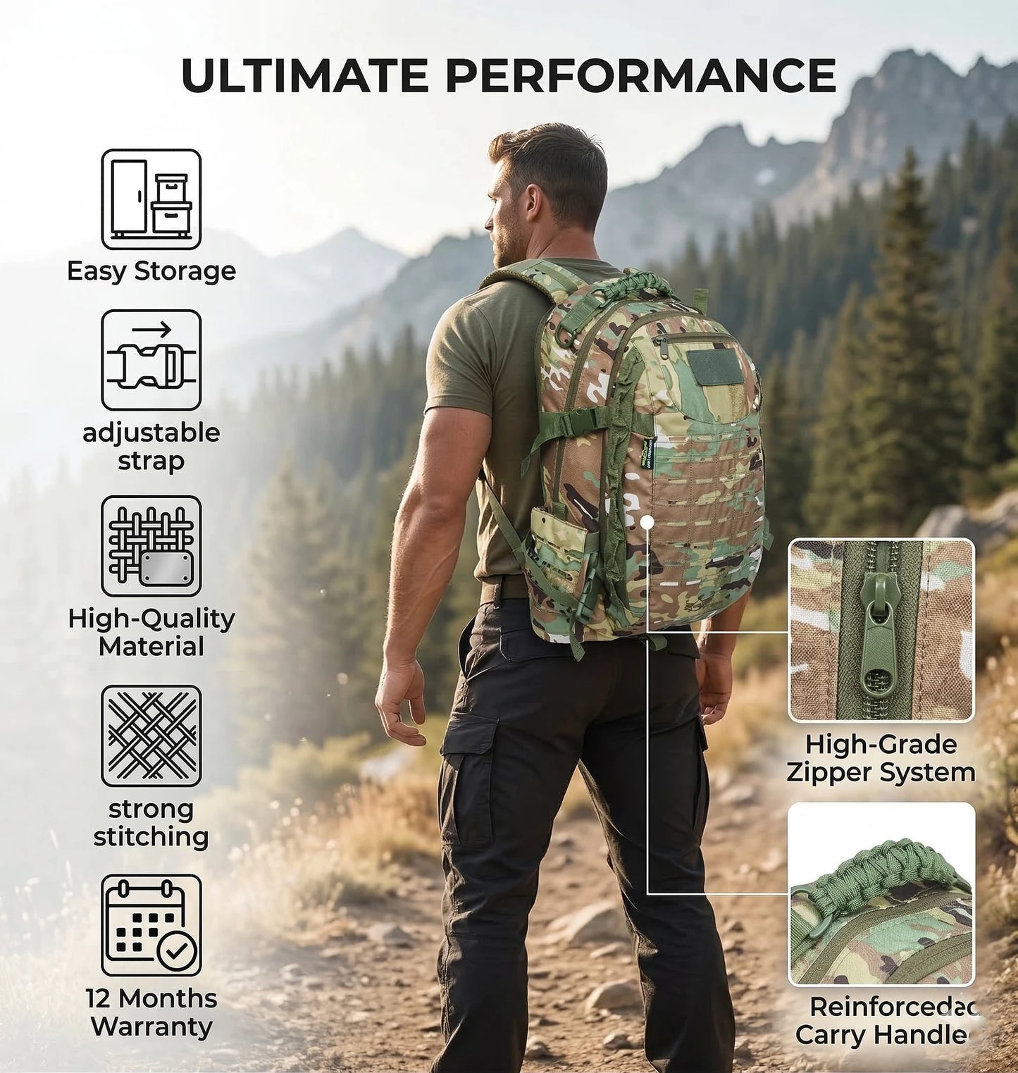 AZAD GEARS ARMY FIGHTER 55 LTR BACKPACK WITH EXTRA SPACE WITH 2 COMPARTMENT AND 6 POCKETS FOR TREKKING AND TRAVELLING | MEN & WOMEN | ARMY MULTICAM CLASSIC CAMOUFLAGE| FREE SIZE