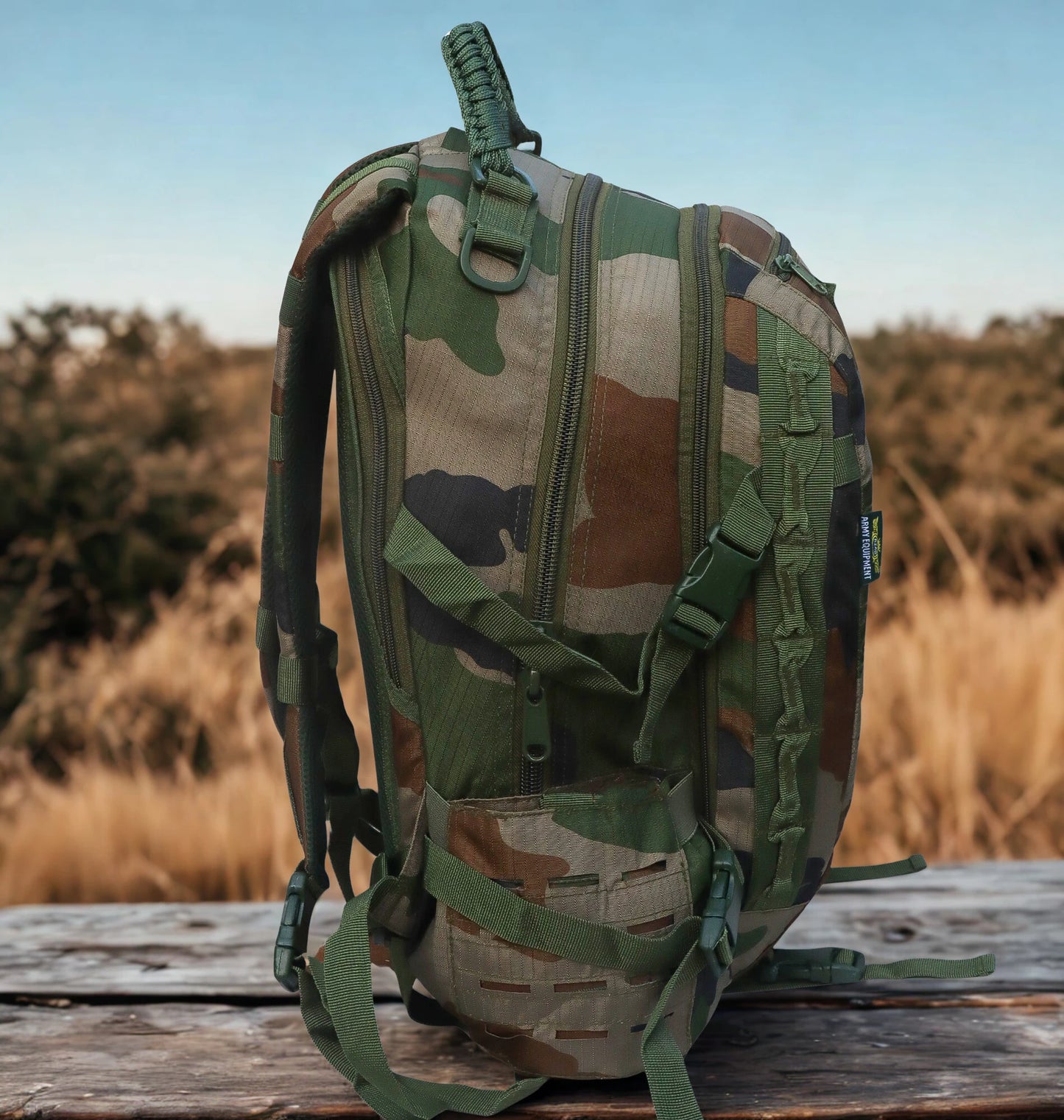 AZAD GEARS ARMY FIGHTER 55 LTR BACKPACK WITH EXTRA SPACE WITH 2 COMPARTMENT AND 6 POCKETS FOR TREKKING AND TRAVELLING | MEN & WOMEN | ARMY WOODLAND CAMOUFLAGE| FREE SIZE