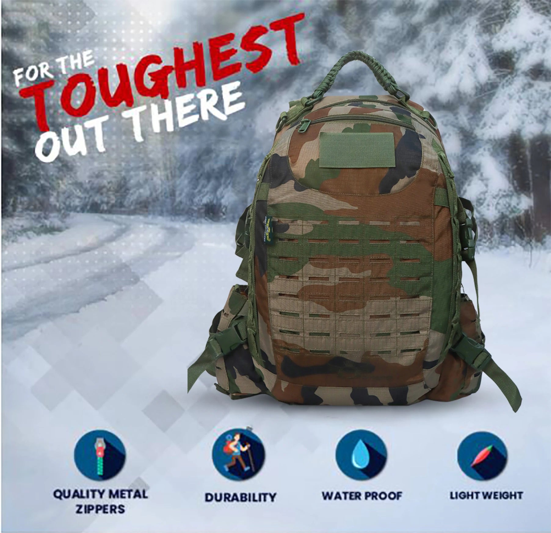 AZAD GEARS ARMY FIGHTER 55 LTR BACKPACK WITH EXTRA SPACE WITH 2 COMPARTMENT AND 6 POCKETS FOR TREKKING AND TRAVELLING | MEN & WOMEN | ARMY WOODLAND CAMOUFLAGE| FREE SIZE