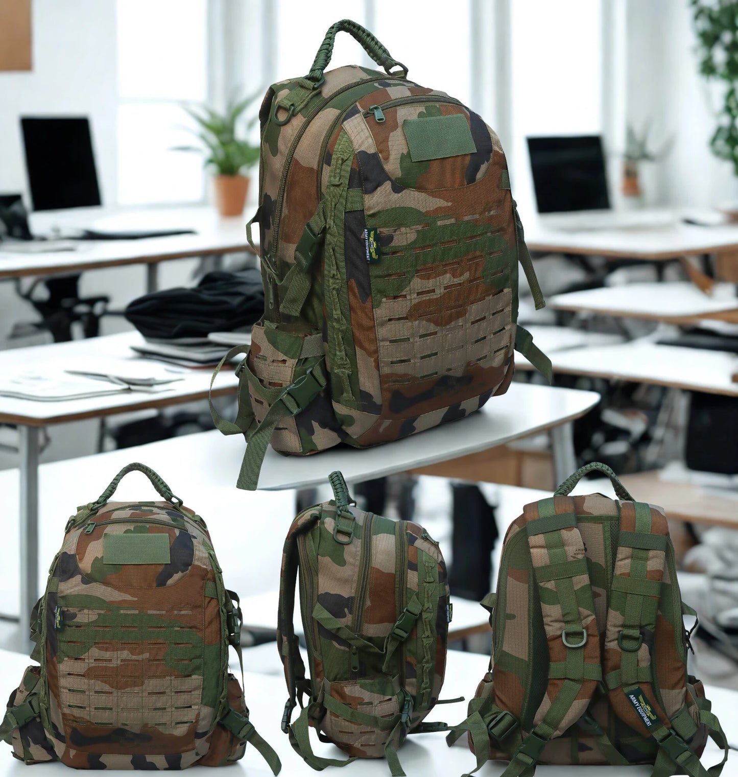 AZAD GEARS ARMY FIGHTER 55 LTR BACKPACK WITH EXTRA SPACE WITH 2 COMPARTMENT AND 6 POCKETS FOR TREKKING AND TRAVELLING | MEN & WOMEN | ARMY WOODLAND CAMOUFLAGE| FREE SIZE