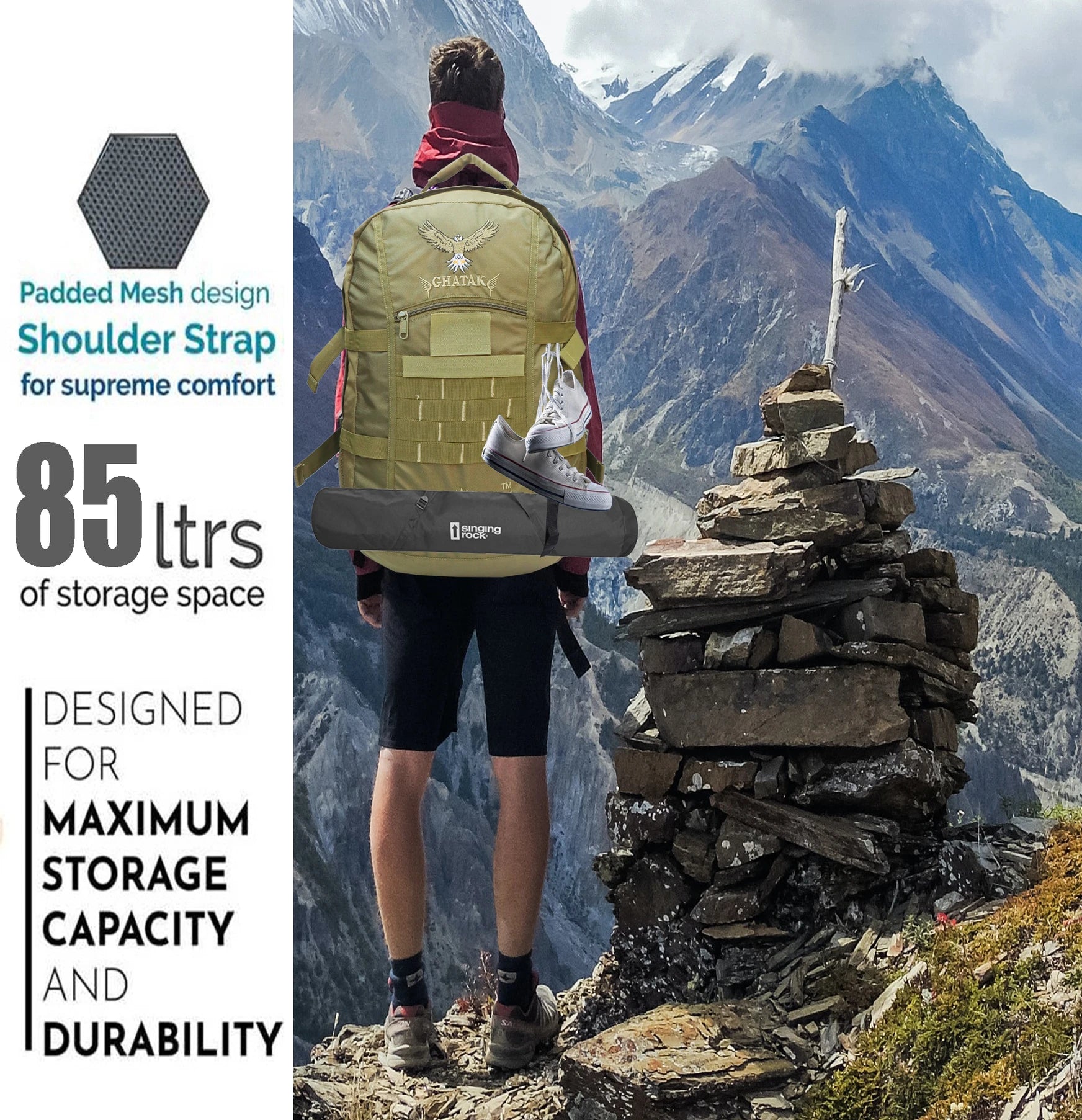 AZAD GEARS ARMY GHATAK 85 LTR BACKPACK WITH EXTRA SPACE WITH 2 COMPARTMENT AND 3 POCKETS FOR TREKKING AND TRAVELLING | MEN & WOMEN | ARMY LITE GREEN| FREE SIZE
