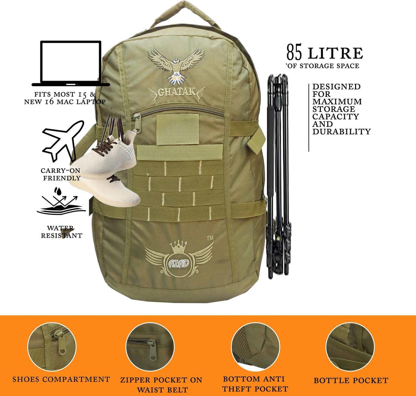 AZAD GEARS ARMY GHATAK 85 LTR BACKPACK WITH EXTRA SPACE WITH 2 COMPARTMENT AND 3 POCKETS FOR TREKKING AND TRAVELLING | MEN & WOMEN | ARMY LITE GREEN| FREE SIZE