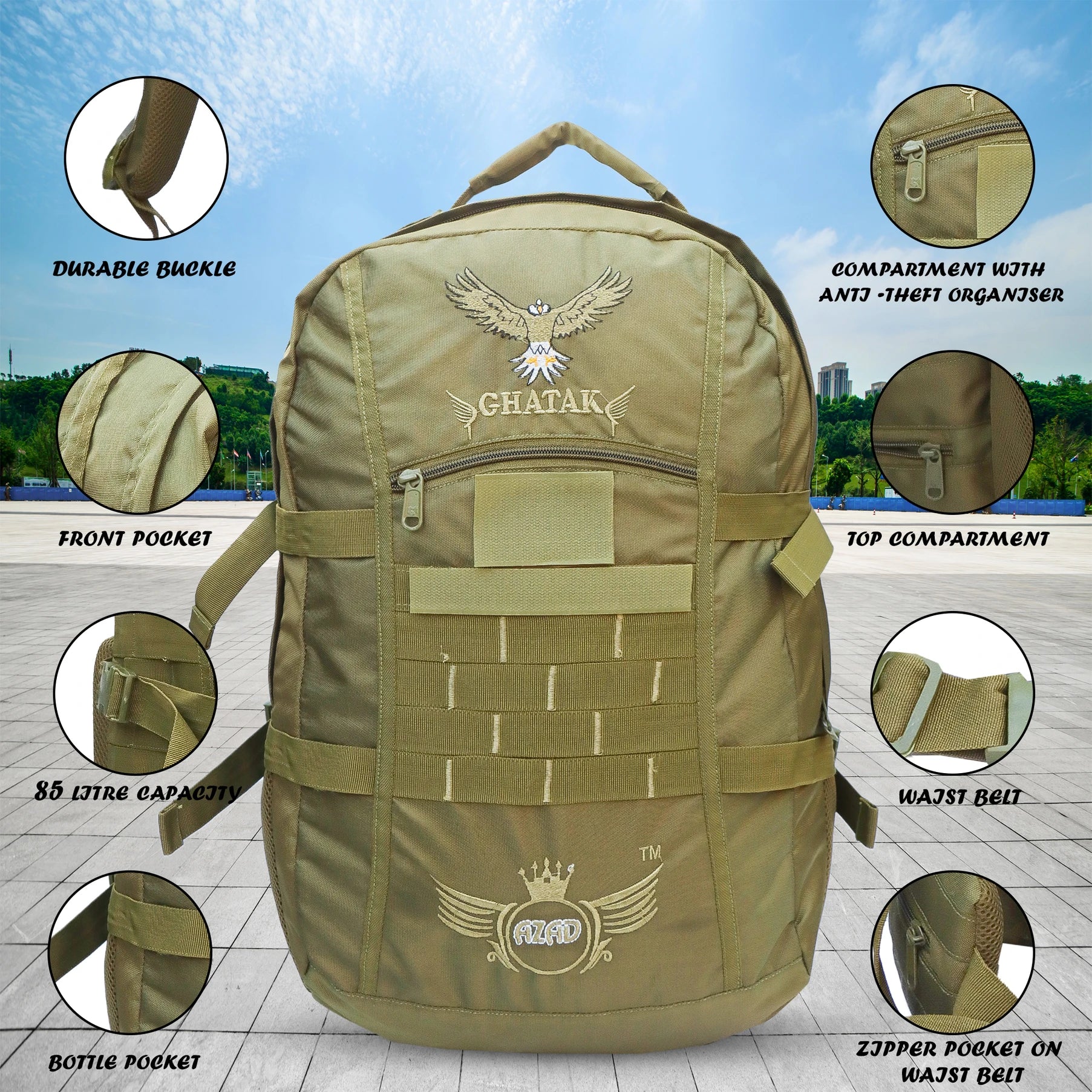 AZAD GEARS ARMY GHATAK 85 LTR BACKPACK WITH EXTRA SPACE WITH 2 COMPARTMENT AND 3 POCKETS FOR TREKKING AND TRAVELLING | MEN & WOMEN | ARMY LITE GREEN| FREE SIZE