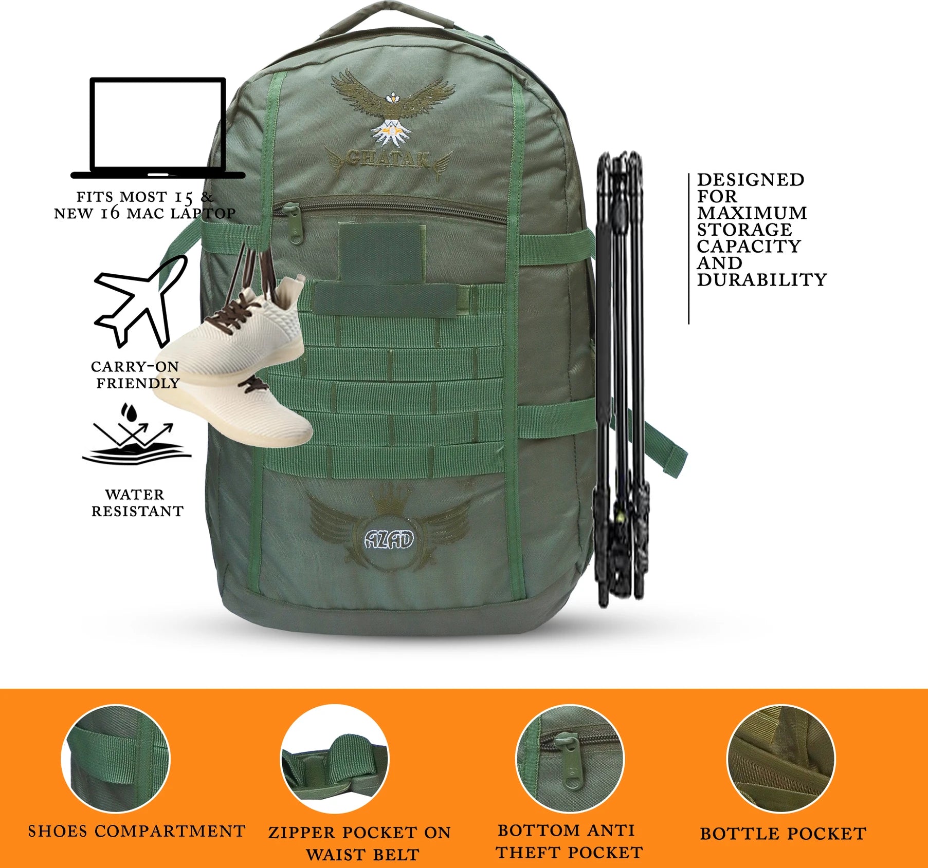 AZAD GEARS ARMY GHATAK 85 LTR BACKPACK WITH EXTRA SPACE WITH 2 COMPARTMENT AND 3 POCKETS FOR TREKKING AND TRAVELLING | MEN & WOMEN | ARMY GREEN| FREE SIZE