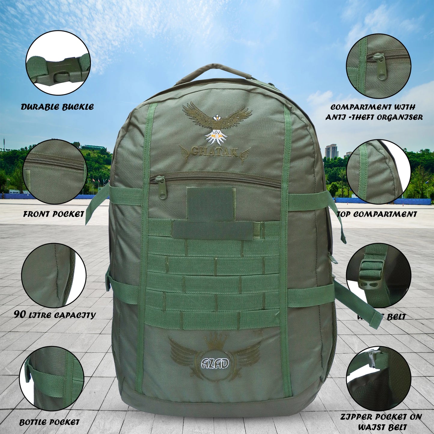 AZAD GEARS ARMY GHATAK 85 LTR BACKPACK WITH EXTRA SPACE WITH 2 COMPARTMENT AND 3 POCKETS FOR TREKKING AND TRAVELLING | MEN & WOMEN | ARMY GREEN| FREE SIZE