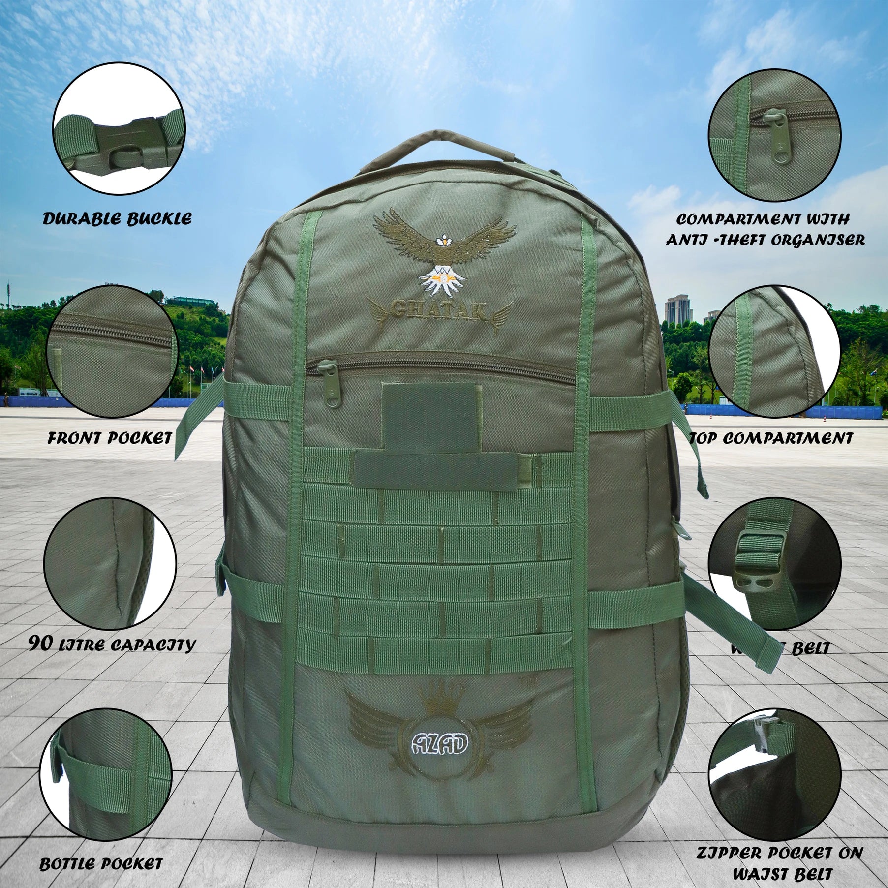AZAD GEARS ARMY GHATAK 85 LTR BACKPACK WITH EXTRA SPACE WITH 2 COMPARTMENT AND 3 POCKETS FOR TREKKING AND TRAVELLING | MEN & WOMEN | ARMY GREEN| FREE SIZE