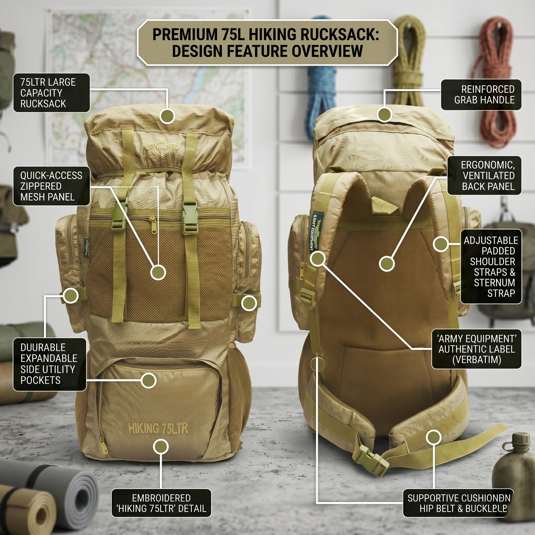 AZAD GEARS ARMY METAL FRAME HIKING RUCKSACK 75 LTR BAG WITH MULTIPLE POCKETS AND PROTECTED BASE FOR TREKKING AND TRAVELLING | MEN & WOMEN | ARMY LITE GREEN| LARGE CAPACITY