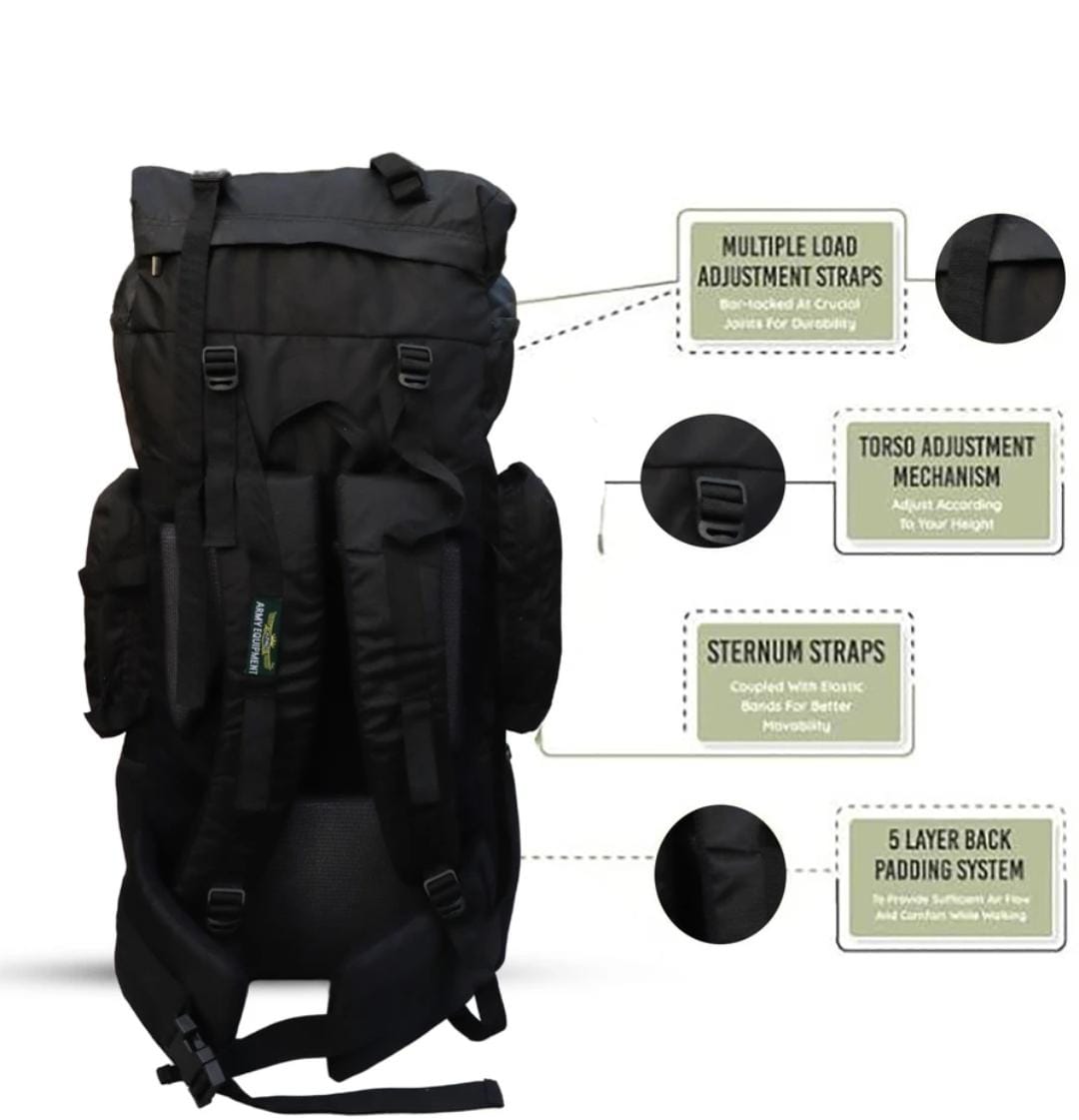 AZAD GEARS ARMY METAL FRAME HIKING RUCKSACK 125 LTR BAG WITH DETACHABLE 15 LTR BACKPACK AND MULTIPLE POCKETS AND  PROTECTED BASE FOR TREKKING AND TRAVELLING | MEN & WOMEN | ARMY BLACK| LARGE CAPACITY