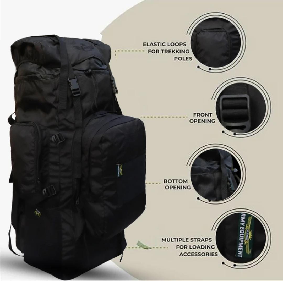 AZAD GEARS ARMY METAL FRAME HIKING RUCKSACK 125 LTR BAG WITH DETACHABLE 15 LTR BACKPACK AND MULTIPLE POCKETS AND  PROTECTED BASE FOR TREKKING AND TRAVELLING | MEN & WOMEN | ARMY BLACK| LARGE CAPACITY