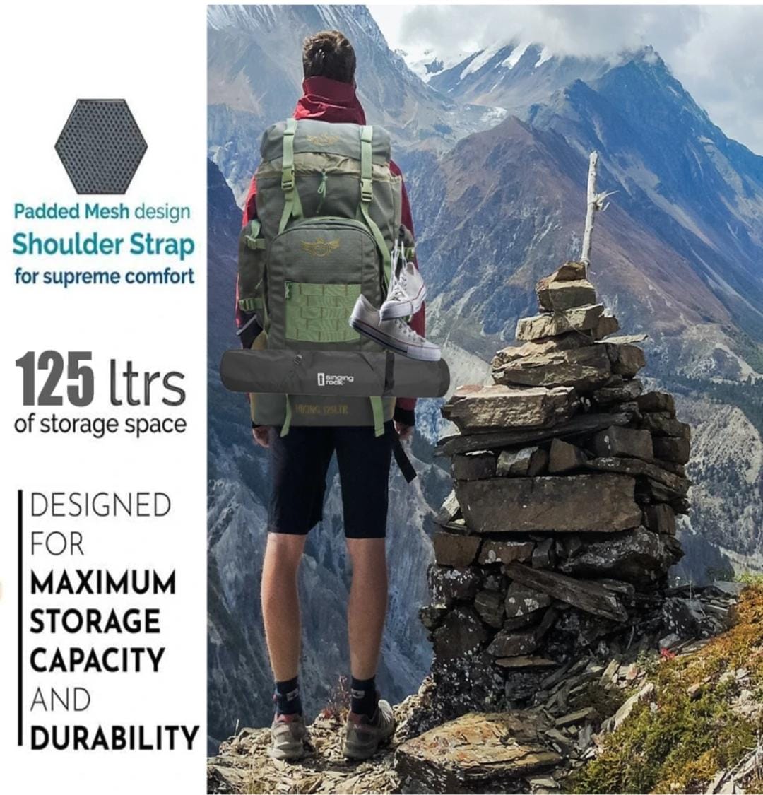 AZAD GEARS ARMY METAL FRAME HIKING RUCKSACK 125 LTR BAG WITH DETACHABLE BACKPACK AND MULTIPLE POCKETS AND  PROTECTED BASE FOR TREKKING AND TRAVELLING | MEN & WOMEN | ARMY CHECK GREEN | LARGE CAPACITY