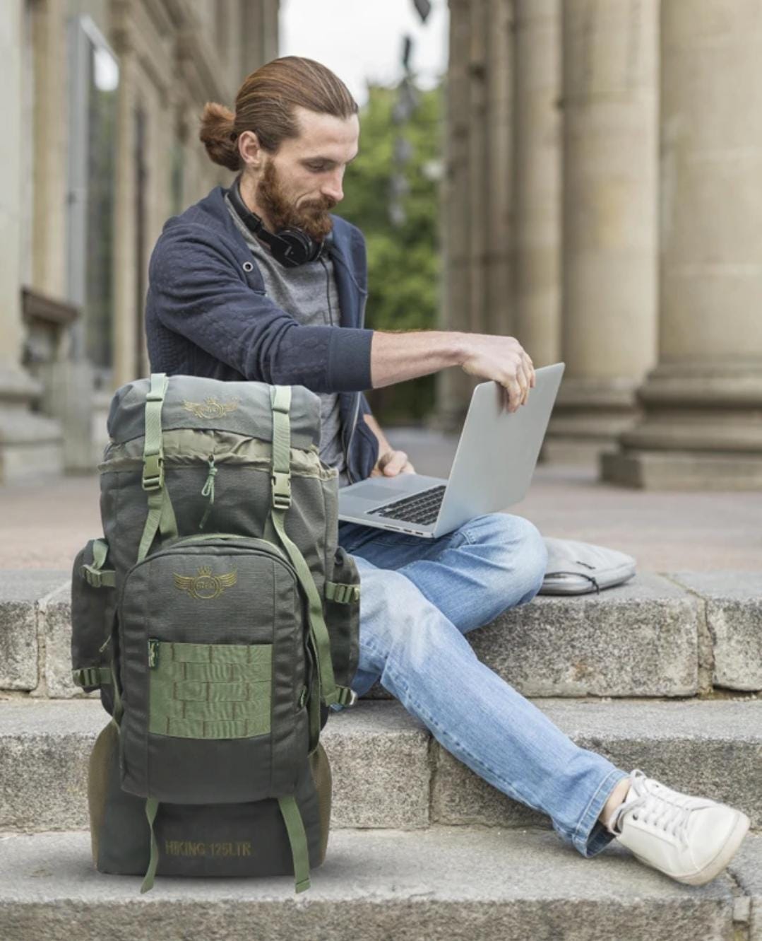 AZAD GEARS ARMY METAL FRAME HIKING RUCKSACK 125 LTR BAG WITH DETACHABLE BACKPACK AND MULTIPLE POCKETS AND  PROTECTED BASE FOR TREKKING AND TRAVELLING | MEN & WOMEN | ARMY CHECK GREEN | LARGE CAPACITY