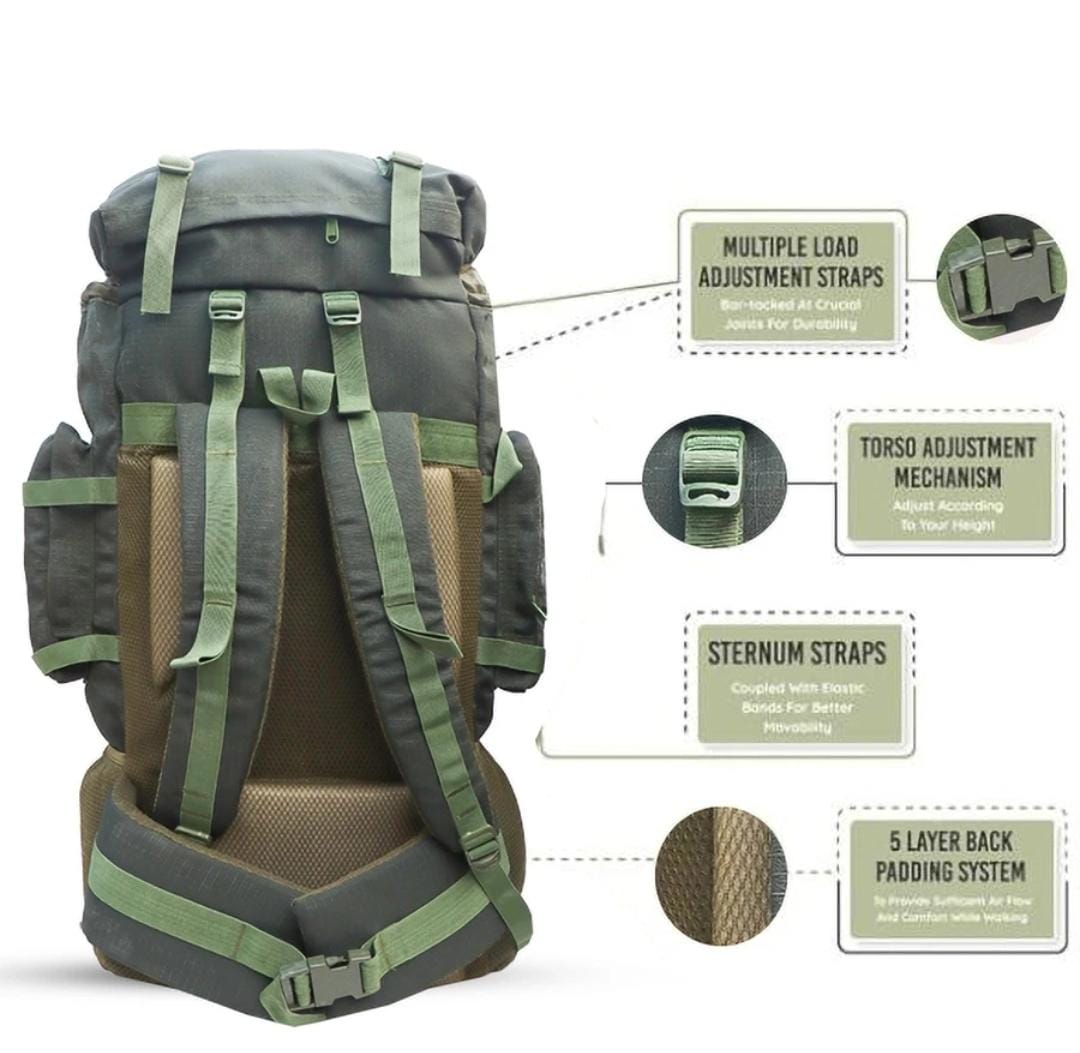 AZAD GEARS ARMY METAL FRAME HIKING RUCKSACK 125 LTR BAG WITH DETACHABLE BACKPACK AND MULTIPLE POCKETS AND  PROTECTED BASE FOR TREKKING AND TRAVELLING | MEN & WOMEN | ARMY CHECK GREEN | LARGE CAPACITY