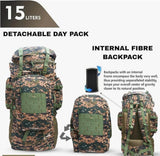 AZAD GEARS ARMY METAL FRAME HIKING RUCKSACK 125 LTR BAG WITH DETACHABLE 15 LTR BACKPACK AND MULTIPLE POCKETS AND  PROTECTED BASE FOR TREKKING AND TRAVELLING | MEN & WOMEN | ARMY COBRA| LARGE CAPACITY