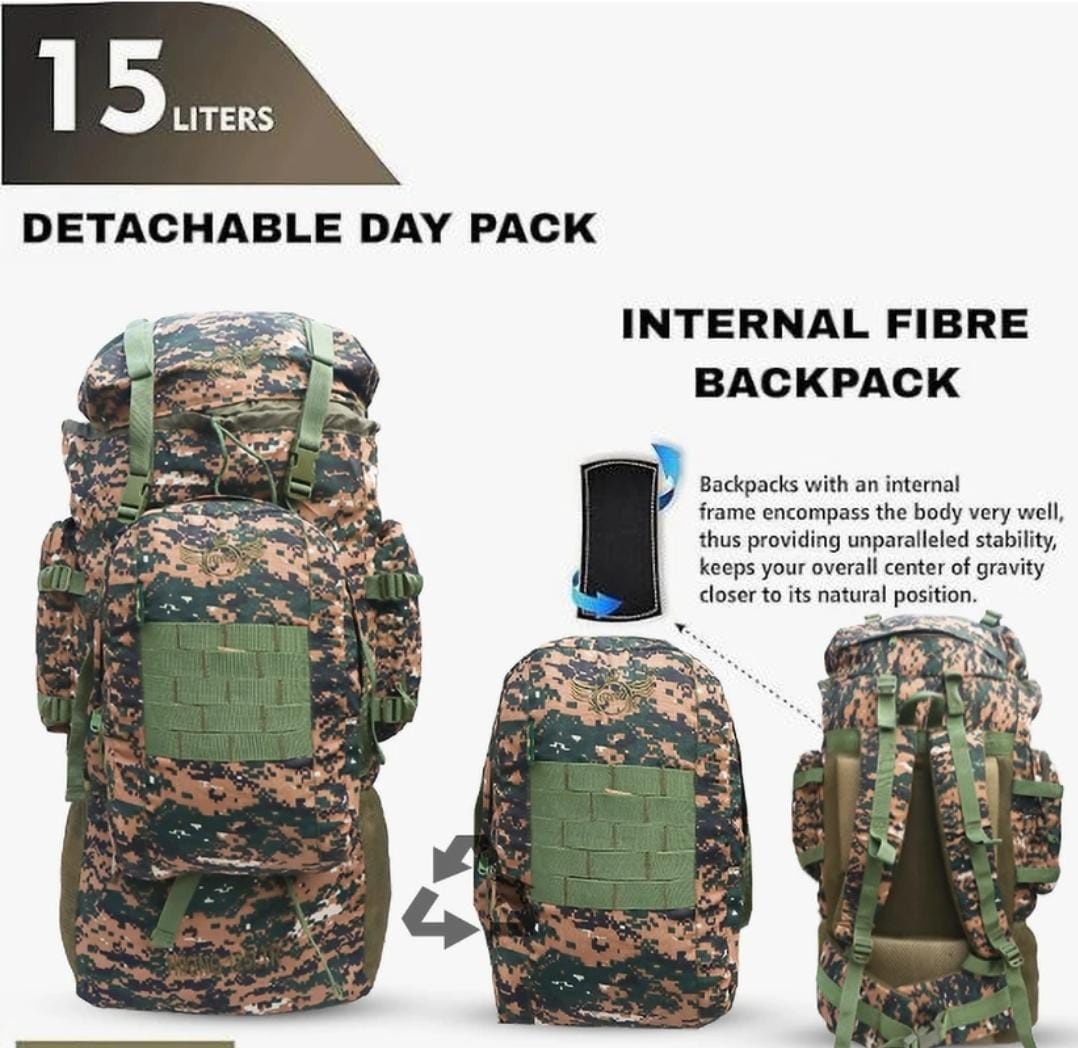 AZAD GEARS ARMY METAL FRAME HIKING RUCKSACK 125 LTR BAG WITH DETACHABLE 15 LTR BACKPACK AND MULTIPLE POCKETS AND  PROTECTED BASE FOR TREKKING AND TRAVELLING | MEN & WOMEN | ARMY COBRA| LARGE CAPACITY
