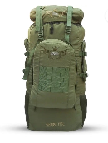 AZAD GEARS ARMY METAL FRAME HIKING RUCKSACK 125 LTR BAG WITH DETACHABLE BACKPACK AND MULTIPLE POCKETS AND  PROTECTED BASE FOR TREKKING AND TRAVELLING | MEN & WOMEN | ARMY GREEN | LARGE CAPACITY
