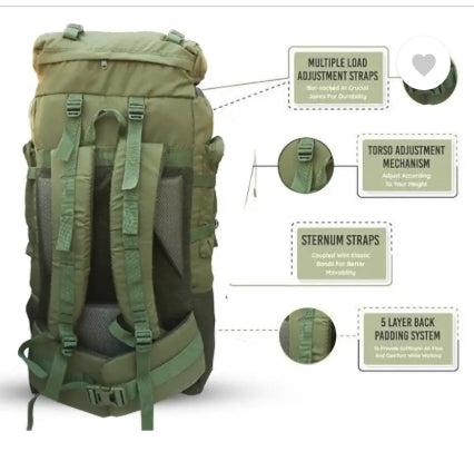 AZAD GEARS ARMY METAL FRAME HIKING RUCKSACK 125 LTR BAG WITH DETACHABLE BACKPACK AND MULTIPLE POCKETS AND  PROTECTED BASE FOR TREKKING AND TRAVELLING | MEN & WOMEN | ARMY GREEN | LARGE CAPACITY