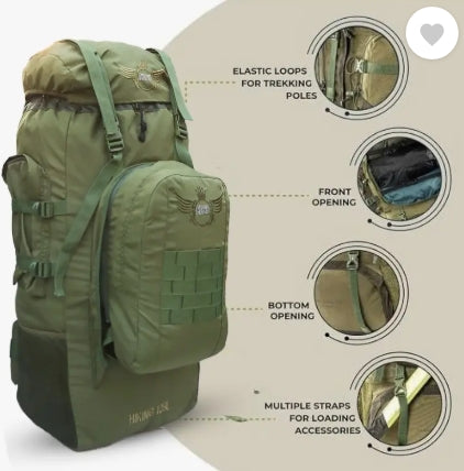 AZAD GEARS ARMY METAL FRAME HIKING RUCKSACK 125 LTR BAG WITH DETACHABLE BACKPACK AND MULTIPLE POCKETS AND  PROTECTED BASE FOR TREKKING AND TRAVELLING | MEN & WOMEN | ARMY GREEN | LARGE CAPACITY