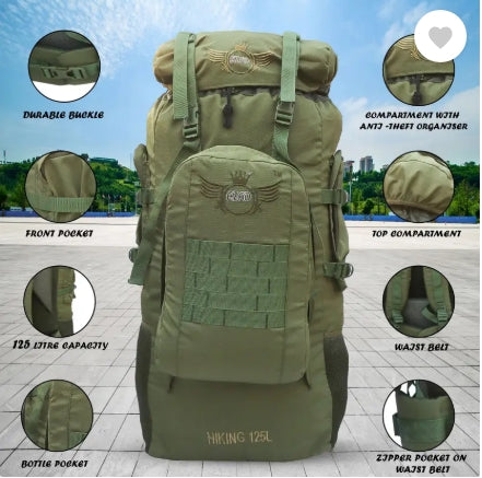 AZAD GEARS ARMY METAL FRAME HIKING RUCKSACK 125 LTR BAG WITH DETACHABLE BACKPACK AND MULTIPLE POCKETS AND  PROTECTED BASE FOR TREKKING AND TRAVELLING | MEN & WOMEN | ARMY GREEN | LARGE CAPACITY