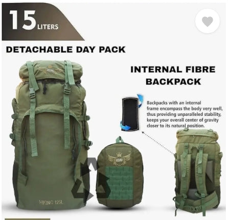 AZAD GEARS ARMY METAL FRAME HIKING RUCKSACK 125 LTR BAG WITH DETACHABLE BACKPACK AND MULTIPLE POCKETS AND  PROTECTED BASE FOR TREKKING AND TRAVELLING | MEN & WOMEN | ARMY GREEN | LARGE CAPACITY